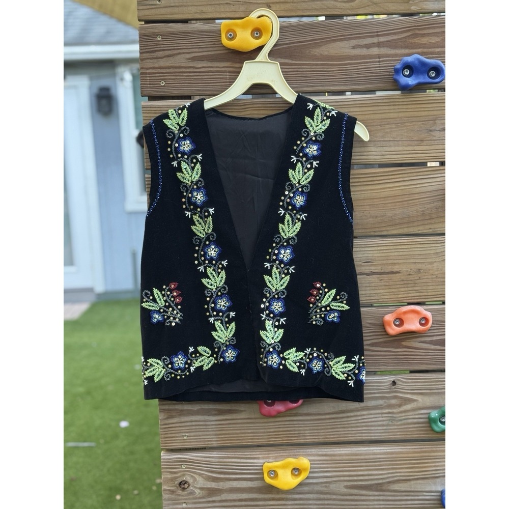 Vintage Velvet Beaded Vest Gold Floral Boho Festival Gypsy Folk Embroidery S